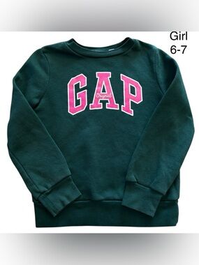 GAP Kids Dark Green Fleece Lined Sweatshirt with Pink Logo size S 6-7